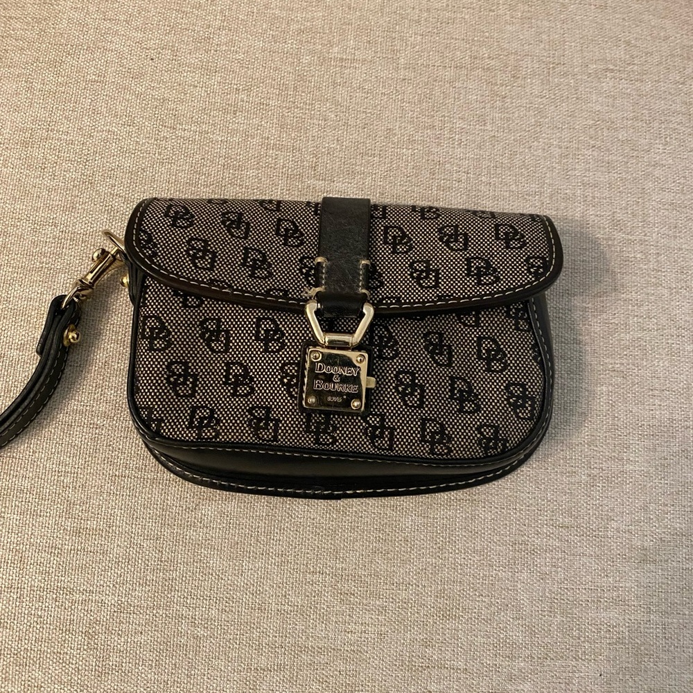Vintage Signature Anniversary black fabric w/leather flap wristlet.